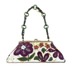 Mary Frances Vintage Embroidered Purse Beaded Floral Chain Strap Kiss Lock Bag